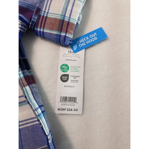 Carter's Baby Boy 18 months Plaid Hooded Button-Front‎ Shirt - Picture 6 of 13